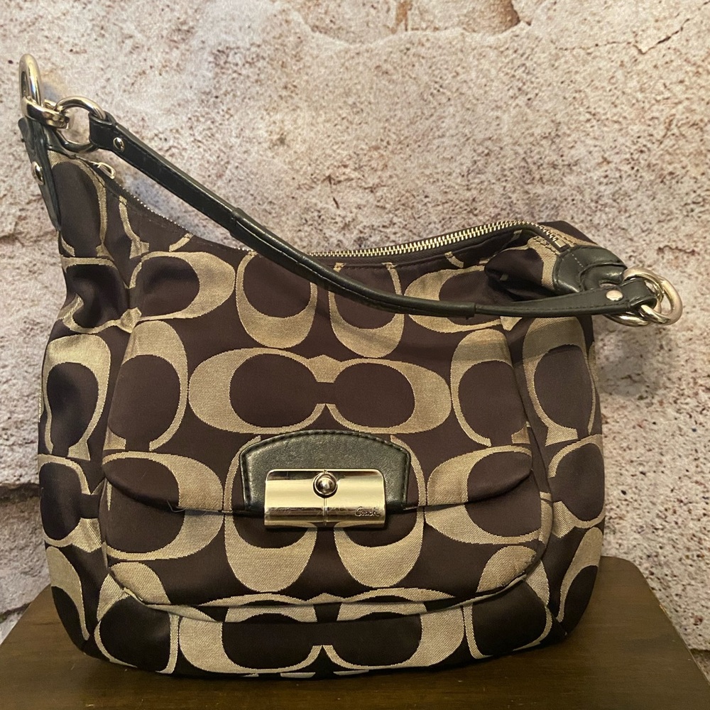 Coach Brown and Khaki Signature Hobo Shoulder Bag